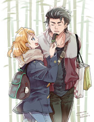 Rule 34 | 1boy, 1girl, :d, artist name, backpack, bag, bag charm, bamboo, belt, black pants, black shirt, blonde hair, blue eyes, blue pants, braid, charm (object), closed eyes, coat, dango, dated, decadence (anime), denim, earrings, feeding, food, highres, jacket, jeans, jewelry, kaburagi (decadence), long sleeves, natsume (decadence), open clothes, open jacket, open mouth, outdoors, pants, pink nails, pipe (decadence), salmon aburi1, scar, scar on face, scar on forehead, scarf, shirt, shopping bag, smile, wagashi, white scarf