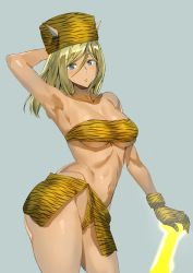 Rule 34 | 1girl, animal print, arm up, ashiomi masato, aura, bare shoulders, bikini, blonde hair, blue eyes, breasts, collarbone, commentary request, cowboy shot, fingerless gloves, gloves, guilty gear, guilty gear xrd, horns, long hair, looking at viewer, millia rage, navel, simple background, solo, standing, string bikini, swimsuit, tiger print, yellow bikini
