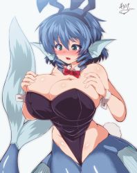 Rule 34 | 1girl, :o, alternate costume, animal ears, animated, animated gif, bare shoulders, blue eyes, blue hair, blush, bouncing breasts, bow, bowtie, breasts, breasts out, bursting breasts, cleavage, clothes pull, cowboy shot, detached collar, drill hair, fake animal ears, fins, fish tail, ginzake (mizuumi), head fins, heart, highleg, highleg leotard, huge breasts, impossible clothes, impossible leotard, leotard, looking away, matching hair/eyes, mermaid, monster girl, nipples, nose blush, playboy bunny, pulling own clothes, rabbit ears, rabbit tail, red bow, red bowtie, short hair, smile, solo, spoken heart, tail, touhou, wakasagihime, wrist cuffs