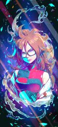 Rule 34 | 1girl, absurdres, android 21, blue eyes, breasts, brown hair, checkered clothes, checkered dress, curly hair, dragon ball, dragon ball fighterz, dress, earrings, glasses, highres, hoop earrings, jewelry, kanchiyo, lab coat, long hair, looking at viewer, resolution mismatch, serious, solo, source larger