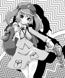 Rule 34 | 1girl, backpack, bag, blush, breasts, closed mouth, collared shirt, commentary request, drop shadow, energy gun, feet out of frame, flat cap, frilled shirt collar, frills, greyscale, gun, hair bobbles, hair ornament, hat, highres, holding, holding gun, holding weapon, jewelry, kawashiro nitori, kei jiei, key, key necklace, long hair, long sleeves, looking at viewer, medium breasts, monochrome, necklace, pocket, ray gun, shirt, skirt, skirt set, smile, solo, touhou, two side up, weapon