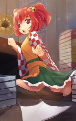 Rule 34 | 1girl, amekosame, apron, ass, bad id, bad twitter id, bell, book, book stack, boots, brown footwear, checkered clothes, checkered shirt, hair bell, hair ornament, hakama, hakama short skirt, hakama skirt, highres, indoors, japanese clothes, jingle bell, looking at viewer, looking back, miniskirt, motoori kosuzu, one-hour drawing challenge, open mouth, phonograph, red eyes, red hair, sash, shirt, short hair, sitting, skirt, solo, touhou, two side up, wariza, wide sleeves
