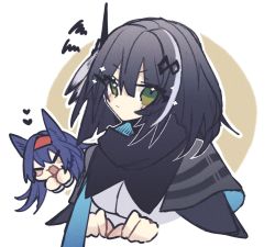 Rule 34 | 2girls, arknights, blaze (arknights), blue hair, blush stickers, brown background, cape, chibi, cropped arms, cropped torso, dark blue hair, closed eyes, green eyes, grey cape, grey hair, grey shirt, greythroat (arknights), hair between eyes, hairband, hands up, heart, highres, long hair, looking at viewer, medium hair, multiple girls, niteenet, open mouth, outline, own hands together, red hairband, shirt, simple background, sparkle, two-tone background, upper body, white background, white outline