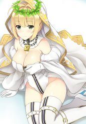Rule 34 | 10s, 1girl, ahoge, arm at side, bare shoulders, belt buckle, blonde hair, blunt bangs, boots, breasts, bridal veil, buckle, chain, cleavage, closed mouth, detached collar, detached sleeves, dress, elbow gloves, eyebrows, fate/extra, fate/extra ccc, fate/grand order, fate (series), gloves, green eyes, groin, hair intakes, head wreath, high heel boots, high heels, highleg, highleg leotard, highres, holding, large breasts, leotard, lock, long sleeves, looking at viewer, mizunashi kenichi, nero claudius (bride) (fate), nero claudius (bride) (third ascension) (fate), nero claudius (fate), nero claudius (fate) (all), padlock, shiny skin, short hair, sitting, smile, solo, thigh boots, thigh strap, thighhighs, veil, wedding dress, white footwear, white gloves, white thighhighs, wide sleeves, wreath, yokozuwari, zipper