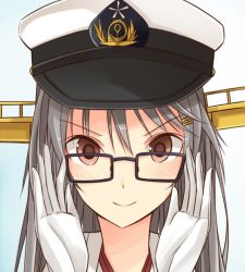 Rule 34 | 10s, 1girl, bad id, bad twitter id, bespectacled, brown eyes, glasses, gloves, hair ornament, hairclip, haruna (kancolle), hat, headgear, kanpyo (hghgkenfany), kantai collection, looking at viewer, peaked cap, portrait, silver hair, smile, solo, white gloves