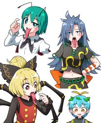 1girl 4girls antennae arthropod_limbs black_cape blonde_hair bow brown_eyes butterfly_wings cape dress dress_shirt eternity_larva green_dress green_eyes green_hair grey_hair hair_bow highres himemushi_momoyo insect_wings jewelry kurodani_yamame leaf leaf_on_head long_hair long_sleeves long_tongue looking_at_viewer multiple_girls open_mouth piercing ponytail ribbon ring shirt short_hair short_sleeves simple_background smile solidus_(sword_cube) textless_version tongue tongue_piercing touhou white_background white_shirt wings wriggle_nightbug