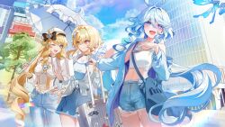 3girls absurdres ahoge alternate_costume bare_shoulders blonde_hair blue_dress blue_eyes cloud cloudy_sky commentary_request dasha denim denim_shorts dress drop-shaped_pupils floating_hair furina_(genshin_impact) genshin_impact hair_between_eyes hand_on_own_hip highres holding holding_suitcase holding_umbrella long_hair long_sleeves looking_at_another lumine_(genshin_impact) midriff multiple_girls navia_(genshin_impact) one_eye_closed open_mouth outdoors pants revision shirt short_hair_with_long_locks shorts sky suitcase symbol-shaped_pupils umbrella white_hair white_shirt yellow_eyes