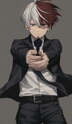 Rule 34 | 1boy, aiming, aiming at viewer, akiyama (noconoco), belt, belt buckle, black belt, black jacket, black necktie, black pants, blue eyes, boku no hero academia, buckle, burn scar, buttons, closed mouth, collared shirt, commentary request, dress shirt, formal, grey background, gun, hair between eyes, handgun, hands up, heterochromia, highres, holding, holding gun, holding weapon, jacket, lapels, long sleeves, looking at viewer, male focus, multicolored hair, necktie, open clothes, open jacket, pants, purple eyes, red hair, scar, scar on face, serious, shirt, shirt tucked in, short hair, simple background, solo, split-color hair, standing, suit, todoroki shouto, two-tone hair, v-shaped eyebrows, weapon, white hair, white shirt