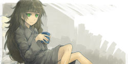 Rule 34 | 1girl, ahoge, bare legs, black shirt, blouse, collared shirt, crossed legs, dated, green eyes, green hair, grey background, grey shirt, highres, hiyajou maho, long hair, looking at viewer, menomorute, messy hair, outside border, oversized clothes, oversized shirt, ringed eyes, shirt, simple background, smile, solo, steins;gate, steins;gate 0, tagme, very long hair