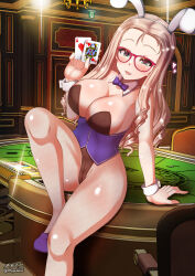 Rule 34 | 1girl, animal ears, blonde hair, blush, breasts, card, casino, cleavage, fake animal ears, fishnet pantyhose, fishnets, girls und panzer, glasses, green eyes, highres, indoors, large breasts, leotard, long hair, looking at viewer, marie (girls und panzer), megadeko, open mouth, pantyhose, playing card, rabbit ears, smile, solo