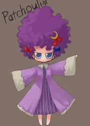 Rule 34 | 1girl, :&lt;, afro, alternate hairstyle, chibi, crescent, crescent hair ornament, female focus, hair ornament, jitome, outstretched arms, parody, patchouli knowledge, solo, spread arms, tao, tao (kadoya), touhou