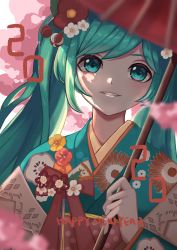 Rule 34 | 1girl, 2020, blurry, blurry foreground, cherry blossoms, dappled sunlight, floral print, flower, hair flower, hair ornament, happy new year, hatsune miku, highres, holding, holding umbrella, japanese clothes, kimono, long hair, looking at viewer, new year, oil-paper umbrella, parted lips, ribbon, shiina0227, smile, solo, sunlight, twintails, umbrella, upper body, vocaloid