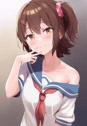 Rule 34 | 1girl, blue sailor collar, blue trim, blurry, blush, breasts, brown eyes, brown hair, closed mouth, collarbone, depth of field, dot nose, finger to mouth, gradient background, grey background, hair ornament, hair scrunchie, hairclip, hand up, highres, idolmaster, idolmaster million live!, idolmaster million live! theater days, kasuga mirai, koaya, looking at viewer, neckerchief, one side up, pink scrunchie, polka dot, polka dot scrunchie, red neckerchief, sailor collar, school uniform, scrunchie, serafuku, shirt, short hair, short sleeves, single bare shoulder, single off shoulder, small breasts, smile, solo, upper body, white shirt