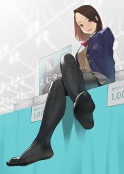 Rule 34 | 1girl, beige vest, blue jacket, brown hair, collared shirt, commentary request, convention, dress shirt, feet, grey skirt, highres, jacket, crossed legs, looking at viewer, open mouth, original, pantyhose, pleated skirt, red neckwear, school uniform, shirt, short hair, sitting, skirt, smile, soles, solo, table, white shirt, yomu (sgt epper)