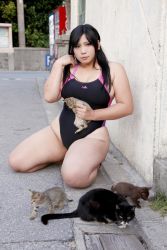 Rule 34 | 1girl, asian, black hair, cat, chouzuki maryou, competition swimsuit, highres, kitten, one-piece swimsuit, photo (medium), plump, solo, swimsuit