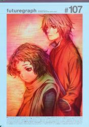 Rule 34 | 1boy, 1girl, brown hair, cloak, expressionless, from side, futuregrah, futuregraph, gloves, hair between eyes, hands in pockets, highres, jacket, long sleeves, looking down, murata range, red theme, sad, short hair, simple background, upper body