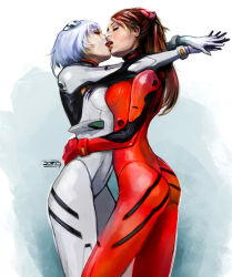 Rule 34 | 2girls, ass, ayanami rei, bodysuit, french kiss, hands on own hips, interface headset, kiss, multiple girls, neon genesis evangelion, orange hair, pilot suit, plugsuit, realistic, souryuu asuka langley, tongue, tongue out, yuri