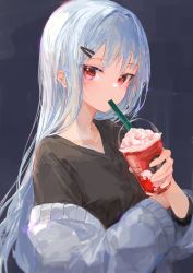 Rule 34 | 1girl, absurdres, black shirt, breasts, collarbone, cup, disposable cup, drinking straw, drinking straw in mouth, grey sweater, hair behind ear, hair ornament, hairclip, hakase fuyuki, highres, holding, holding cup, ichika (ichika87), medium breasts, nijisanji, off shoulder, pink eyes, shirt, silver hair, solo, starbucks, sweater, virtual youtuber