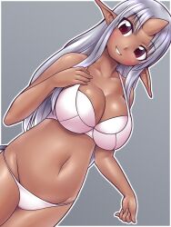 Rule 34 | 1girl, bare arms, bare shoulders, border, bra, breasts, cleavage, collarbone, dark-skinned female, dark skin, dutch angle, futaba channel, gradient background, grey background, grey hair, grey tail, grin, groin, hand on own chest, hand up, horns, kuma (kumahoihoi), large breasts, legs together, long hair, lowleg, lowleg panties, navel, nijiura maids, outline, panties, pointy ears, red eyes, sakumei (nijiura maids), shiny skin, single horn, skin-covered horns, smile, solo, standing, straight hair, tail, thighs, underwear, white border, white bra, white outline, white panties