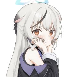 Rule 34 | 1girl, animal ears, black dress, black hair, black ribbon, blue archive, blush, closed mouth, dress, grey hair, hair ribbon, halo, highres, holding, holding own hair, kokona (blue archive), long hair, long sleeves, looking at viewer, multicolored hair, nem rui, orange eyes, ribbon, simple background, solo, streaked hair, striped clothes, striped dress, upper body, vertical-striped clothes, vertical-striped dress, white background