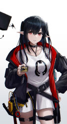 Rule 34 | 1girl, absurdres, arknights, black hair, black jacket, blush, closure (arknights), collar, collarbone, cowboy shot, creature, dress, hand on own hip, headhunting permit (arknights), highres, holding, jacket, long hair, long sleeves, looking at viewer, open clothes, open jacket, parted lips, pointy ears, red eyes, ressec, simple background, smile, solo, thigh strap, two side up, unzipped, white background, white dress