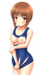 Rule 34 | 10s, 1girl, blush, breasts, brown eyes, brown hair, girls und panzer, ki (kk-sk-ray), nipples, nishizumi miho, old school swimsuit, one-piece swimsuit, school swimsuit, short hair, solo, swimsuit, torn clothes, torn swimsuit