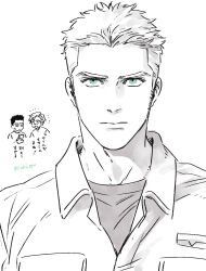 Rule 34 | 2boys, aki (supekutooru), alternate hairstyle, ao isami, closed mouth, expressionless, facial hair, green eyes, highres, jumpsuit, lewis smith, looking at viewer, male focus, monochrome, multiple boys, portrait, short hair, sideburns stubble, simple background, spot color, stubble, twitter username, white background, yuuki bakuhatsu bang bravern