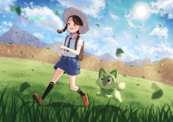 Rule 34 | 1girl, asama fumi, backpack, bag, black socks, braid, brown bag, brown eyes, brown footwear, brown hair, cloud, collared shirt, commentary request, creatures (company), day, eyelashes, falling leaves, field, game freak, grass, grey headwear, hat, highres, juliana (pokemon), leaf, necktie, nintendo, open mouth, outdoors, pokemon, pokemon (creature), pokemon sv, shirt, shoes, shorts, sky, smile, socks, sprigatito, standing, sun
