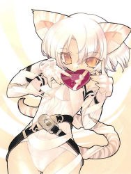 Rule 34 | 1girl, :3, animal ears, animal print, belt, belt skirt, blade (galaxist), candy, cat ears, cat tail, chocolate, chocolate heart, covering own mouth, cowboy shot, food, gift, heart, leotard, orange eyes, original, ribbon, sepia background, short hair, solo, tail, tiger ears, tiger print, tiger tail, valentine, white hair, white theme