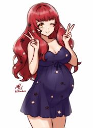 Rule 34 | 1girl, alternate costume, breasts, double v, fire emblem, fire emblem engage, hair ornament, highres, ko-fi commission, large breasts, long hair, looking at viewer, nintendo, one eye closed, pajamas, pregnant, purple pajamas, red eyes, red hair, rotomdocs, smile, solo, star (symbol), star hair ornament, upper body, v, yunaka (fire emblem)