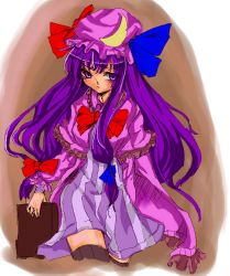 Rule 34 | 1girl, book, bow, coat, crescent, dress, female focus, hair bow, hat, kionaisiteru, long hair, low-tied long hair, overcoat, patchouli knowledge, purple eyes, purple hair, solo, striped clothes, striped dress, thighhighs, touhou, zettai ryouiki