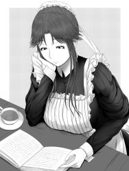Rule 34 | 1girl, black dress, book, breasts, head rest, cup, dress, frills, greyscale, groza, large breasts, long sleeves, maid, monochrome, open book, original, reading, ribbon, sidelocks, sitting, solo, table, teacup, white ribbon