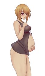 Rule 34 | 1girl, black panties, blonde hair, blush, breasts, closed mouth, collarbone, feet out of frame, highres, katawa shoujo, large breasts, lingerie, looking at viewer, looking to the side, negligee, nipples, no bra, panties, pregnant, red eyes, satou akira, see-through, short hair, simple background, smile, solo, standing, thong, underwear, white background