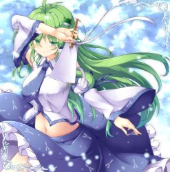 Rule 34 | 1girl, aka tawashi, antenna hair, arm up, bare shoulders, blue necktie, blue skirt, blush, breasts, cloud, commentary request, cowboy shot, detached sleeves, eyes visible through hair, frog hair ornament, green eyes, green hair, hair ornament, hair tubes, highres, holding, kochiya sanae, large breasts, long hair, long sleeves, looking at viewer, midriff, navel, necktie, petticoat, shirt, single sidelock, skirt, smile, snake hair ornament, solo, star (symbol), star print, stomach, touhou, very long hair, white shirt, wide sleeves