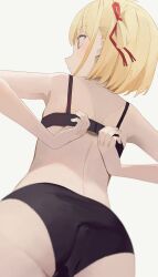 Rule 34 | 1girl, adjusting bra, adjusting clothes, black bra, black panties, blonde hair, bra, commentary, commentary request, from behind, grey background, highres, hiroki (yyqw7151), lycoris recoil, nishikigi chisato, panties, short hair, simple background, solo, underwear, underwear only