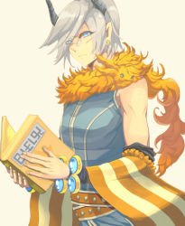 Rule 34 | 1boy, alternate color, animal, animal around neck, bangle, blue eyes, blue shirt, book, bracelet, closed mouth, commentary request, detached sleeves, earrings, eyes visible through hair, fox, glasses, hair between eyes, hair over one eye, holding, holding book, horns, jewelry, lowres, male focus, orange sleeves, pince-nez, professor (ragnarok online), q qree, ragnarok online, shirt, short hair, simple background, sleeveless, sleeveless shirt, solo, striped sleeves, upper body, v-shaped eyebrows, white background, white hair, white sleeves