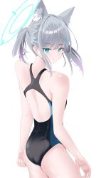 Rule 34 | 1girl, absurdres, animal ear fluff, animal ears, black one-piece swimsuit, blue archive, blue eyes, breasts, competition swimsuit, cross hair ornament, extra ears, from behind, grey hair, hair ornament, halo, highres, looking back, low ponytail, medium hair, mismatched pupils, multicolored clothes, multicolored swimsuit, nigori (keydoor), official alternate costume, one-piece swimsuit, shiroko (blue archive), shiroko (swimsuit) (blue archive), simple background, small breasts, solo, swimsuit, white background, wolf ears