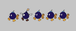 Rule 34 | absurdres, bob-omb, bomb, crossover, explosive, fuse, george the bomb, gloves, grey background, group picture, highres, lit fuse, mario (series), nintendo, no humans, shoes, skullgirls, super mario bros. 1, walking, white eyes, wind up key, winding key
