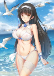Rule 34 | 1girl, absurdres, bikini, bird, black hair, breasts, brown eyes, cleavage, cloud, cowboy shot, day, girls&#039; frontline, hairband, highres, horizon, large breasts, long hair, looking at viewer, navel, ocean, open mouth, outdoors, partially submerged, sarong, seagull, see-through, smile, solo, standing, swimsuit, type 95 (girls&#039; frontline), wading, white bikini, white hairband, youl