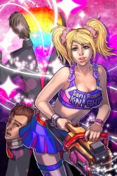 Rule 34 | 1boy, 1girl, belt, blonde hair, blue eyes, breasts, brown eyes, brown hair, candy, chainsaw, cheerleader, cleavage, clothes writing, couple, crop top, food, grasshopper manufacture, juliet starling, lips, lollipop, lollipop chainsaw, long hair, midriff, miniskirt, mouth hold, navel, necktie, nick carlyle, open mouth, parted lips, rainbow, scrunchie, severed head, shattered earth, short hair, skirt, sparkle, thighhighs, twintails, watch, white thighhighs, wristband, wristwatch, zombie