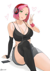 Rule 34 | 1girl, aori sora, black gloves, black tank top, black thighhighs, blush, breasts, bridal gauntlets, cellphone, cleavage, collarbone, commentary, english commentary, gloves, green eyes, grey shorts, hand up, headphones, heart, highres, knee up, large breasts, looking at viewer, original, phone, pink hair, shadow, short hair, shorts, simple background, single glove, single thighhigh, sitting, smartphone, solo, sweatband, tank top, thighhighs, tongue, tongue out, v, white background, wristband