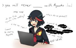 Rule 34 | 10s, 1girl, 4chan, black hair, blue eyes, blush, censored, censored text, collarbone, computer, drawfag, english text, fang, female focus, fingerless gloves, fingernails, gloves, hair between eyes, kill la kill, laptop, living clothes, matoi ryuuko, meta, multicolored hair, non-web source, open mouth, senketsu, short hair, simple background, solo, streaked hair, surprised, sweat, table, text focus, trembling, truth, uniform, white background