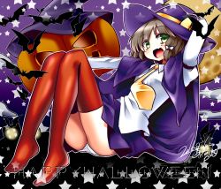Rule 34 | 1girl, arm garter, bad id, bad pixiv id, bat (animal), bow, brown hair, cape, crescent moon, eyebrows, fang, green eyes, hair bow, hair ribbon, hand on headwear, happy halloween, hat, highres, jack-o&#039;-lantern, juliet sleeves, long sleeves, moon, necktie, open mouth, panties, pantyshot, puffy sleeves, purple cape, purple hat, purple skirt, red thighhighs, ribbon, shirt, skirt, smile, solo, star (symbol), suzu keika, thighhighs, touhou, tress ribbon, underwear, usami renko, white bow, white panties, white ribbon, white shirt, witch hat, yellow necktie