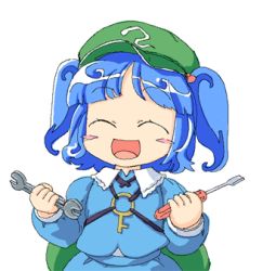 Rule 34 | 1girl, bad id, bad pixiv id, blue hair, closed eyes, female focus, hat, kawashiro nitori, key, kiriu, lowres, screwdriver, short hair, smile, solo, touhou, twintails, two side up, wrench