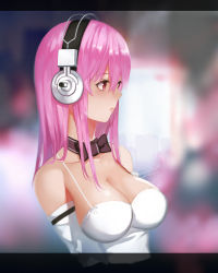 Rule 34 | 1girl, bad id, bad pixiv id, bare shoulders, blush, bow, bowtie, breasts, cleavage, female focus, headphones, highres, large breasts, letterboxed, long hair, looking away, nitroplus, pink eyes, pink hair, solo, super sonico, yykuaixian