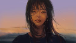 Rule 34 | 1girl, black hair, brown eyes, close-up, crying, crying with eyes open, g-tz, highres, lips, long hair, looking at viewer, original, outdoors, parted lips, shooting star, solo, sunset, tears, wind