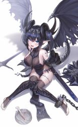 Rule 34 | 1girl, absurdres, ankle cuffs, bare shoulders, black hair, black thighhighs, blue collar, blue eyes, bone, bowl, breasts, bridal legwear, chain, chain between breasts, cleavage, collar, dragon girl, dragon horns, dragon tail, dragon wings, fang, full body, hair between eyes, hand up, highres, horns, knees together feet apart, large breasts, long hair, looking at viewer, no shoes, open mouth, original, pet bowl, pointy ears, reaching, reaching towards viewer, sheath, shield, shoulder tattoo, simple background, sitting, solo, sword, tail, tattoo, thighhighs, twintails, weapon, white background, wings, yjs0803123