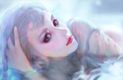 Rule 34 | 1girl, blue eyes, closed mouth, eyelashes, hand on own head, light smile, lips, long hair, looking at viewer, lying, nose, on side, original, partially submerged, solo, upper body, water, white hair, yu-han chen