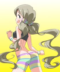 Rule 34 | 10s, 1girl, :d, ass, bike shorts, brown hair, butt crack, from behind, gradient backgroundhanda roco, idolmaster, idolmaster million live!, long hair, looking at viewer, looking back, midriff, open mouth, scrunchie, smile, solo, sports bra, twintails, very long hair, wrist scrunchie, yellow background, yellow eyes, yumekaranigeruna