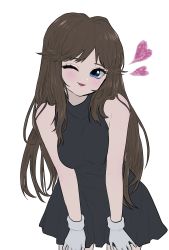 Rule 34 | 1girl, black dress, blue eyes, blush, breasts, brown hair, creatures (company), dress, game freak, gloves, green (pokemon), highres, long hair, looking at viewer, minapo, nintendo, open mouth, pokemon, pokemon adventures, simple background, sleeveless, smile, solo, white background, white gloves
